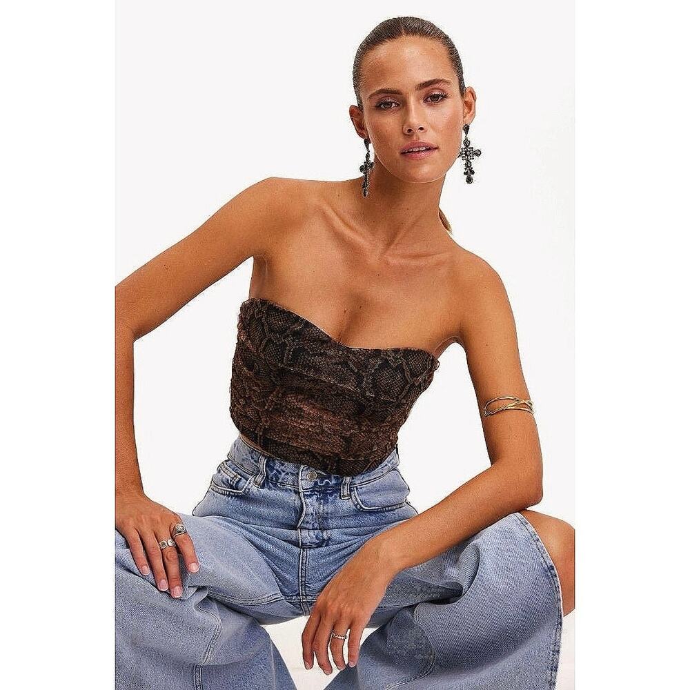Zara Brown Snake Animal Print Sweetheart Strapless Mesh Tube Crop Top Size XS